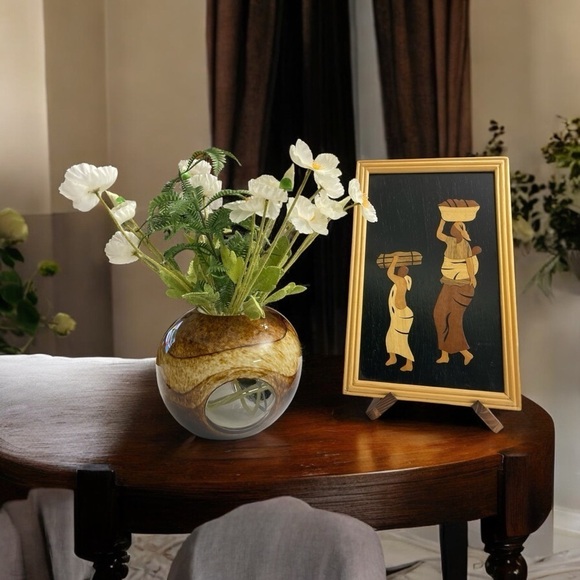 Ghana Africa marquetry picture. Wood on wood. Framed. Wood Framed Art Intarsia - Picture 2 of 10